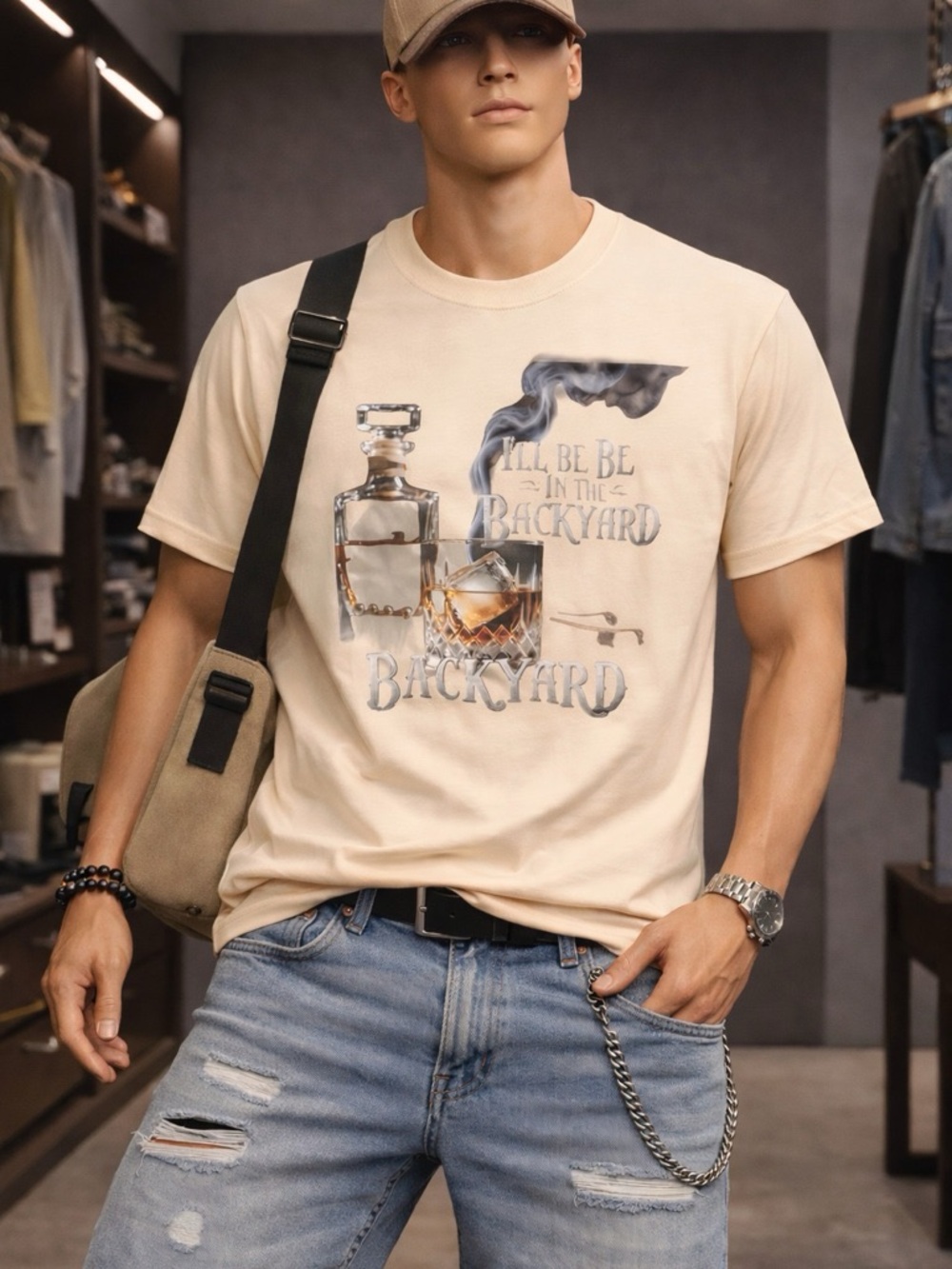 Men's Graphic Tee - Beige 'Backyard' Print